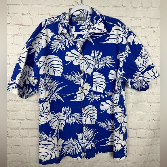 Pacific Scene blue Hawaiian print cotton short sleeve button up shirt, sz XL - Picture 1 of 6
